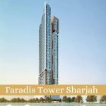 A stunning view of Faradis Tower in Sharjah, UAE, showcasing its modern architecture and impressive height.